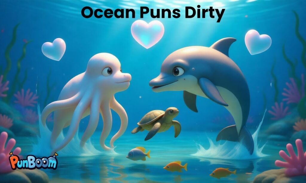 Slightly cheeky ocean puns, playful water humor, and adult-themed wordplay